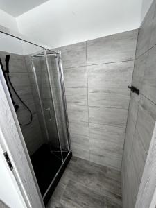 La salle de bains est pourvue d'une douche avec une porte en verre. dans l'établissement CZARNA PERŁA, à Wrocław