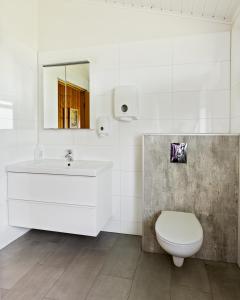 Baño blanco con lavabo y aseo en South Central Guesthouse en Selfoss