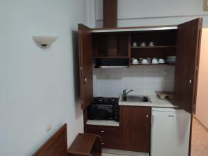 una pequeña cocina con fregadero y microondas en Ξενώνας Φωτεινη en Ouranoupoli