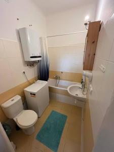 La salle de bains est pourvue de toilettes, d'un lavabo et d'une baignoire. dans l'établissement Apartment Vlhka, à Brno