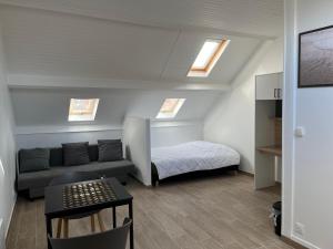 een woonkamer met een bank, een bed en dakramen bij Appartements proches CDG Le Bourget dans maison francilienne typique in Le Blanc-Mesnil