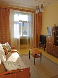 sala de estar con sofá y ventana en Retro Apartment in Kiviõli, en Kiviõli