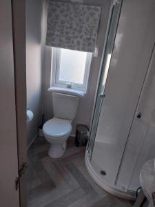 a bathroom with a toilet and a window and a shower at Riverside terrace - Overlooking the nature reserve in Rye Harbour