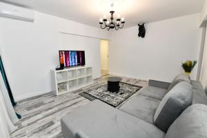 salon z kanapą i telewizorem w obiekcie Transilvania Apartament w Bukareszcie