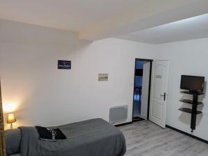 1 dormitorio con 1 cama y TV de pantalla plana en Dom Pérignon - Appartement en centre-ville., en Sainte-Menehould