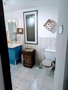 y baño con aseo, lavabo y espejo. en Dom Pérignon - Appartement en centre-ville., en Sainte-Menehould