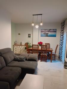 ein Wohnzimmer mit einem Sofa und einem Tisch in der Unterkunft Ático Mirabal in Mairena del Aljarafe