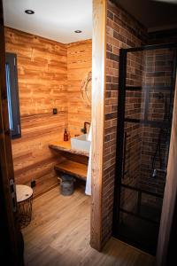 ein Badezimmer mit einem Waschbecken und einer Ziegelwand in der Unterkunft Domaine de la vôge & chalets et spa in Xertigny