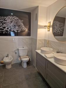 La salle de bains est pourvue de toilettes avec lavabo et d'une photo de léopard. dans l'établissement Port Saplaya 3 Valencia, à Port Saplaya