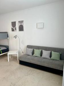 - un salon avec un canapé et un lit dans l'établissement Neuwertiges Apartment mit schnellem WLAN, Glasfaser, Kostenlose Privatparkplatz auch für Transporter geeignet R24, à Freiberg am Neckar