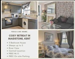 a collage of three pictures of a kitchen and a living room at Riverside in Maidstone +22 photos