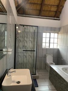 a bathroom with a sink and a shower and a toilet at Kruger Nest in Marloth Park