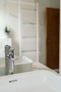 a bathroom sink with a faucet in front of a mirror at Oiseau des dunes in Koksijde +21 photos