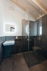 a bathroom with a glass shower and a sink at Kleiter´s BERGLERGHÜS in Blaichach