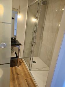 a shower with a glass door in a bathroom at Hotel Villasegura in Molina de Segura