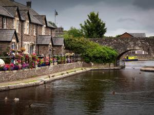 a river with ducks in the water next to buildings at Riverside in Brecon