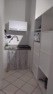 uma pequena cozinha com um lavatório e um micro-ondas em Loft lindo, acochegante e reservado em Boa Vista