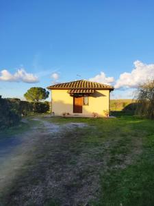 ein kleines Haus mit einem Strohdach auf einem Feld in der Unterkunft Azienda Agricola Baldini Ferdinando in Montaperti