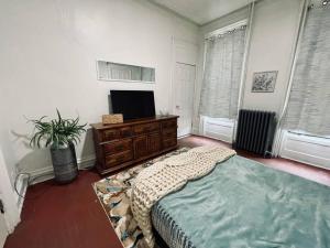1 dormitorio con 1 cama y TV. en Cozy 1BR with Patio in the Heart of Albany, en Albany