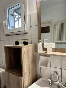 a bathroom with a sink and a mirror at Pet friendly House in Tríkala