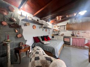a small bedroom with a bed and a kitchen at La Baita Di San Massimo in Rapallo