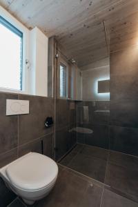 a bathroom with a toilet and a glass shower at Kleiter´s BERGLERGHÜS in Blaichach