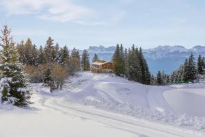 een huis bovenop een met sneeuw bedekte weg bij L'Etincelle Mountain Lodge in Chamrousse