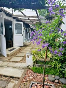 a garden with purple flowers and a house at Le'Cottage Scottburgh in Scottburgh
