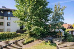 2 bancs en bois à côté d'un arbre et d'un bâtiment dans l'établissement Ferienwohnpark Immenstaad am Bodensee Ein-Zimmer-Apartment 55 11, à Immenstaad am Bodensee