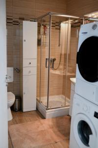 a bathroom with a shower and a washing machine at Studio apartman Aurora in Đakovo