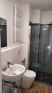 ein Bad mit einem WC, einem Waschbecken und einer Dusche in der Unterkunft Pane e Tulipani, cozy apartment near city center in Turin