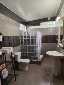 uma casa de banho com um lavatório, um WC e um lavatório. em Quinta da Ponte das Hortas 1 em Elvas