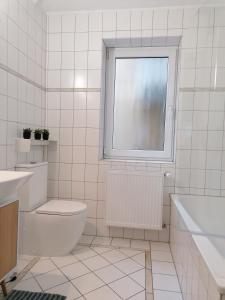 biała łazienka z toaletą i oknem w obiekcie Stilvolle Wohnung an der Alten Mainbrücke w mieście Würzburg