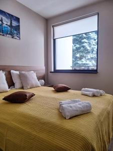 ボロヴェッツにあるStudio A10 Borovets gardensのベッド2台(タオル2枚付)が備わるドミトリールームです。