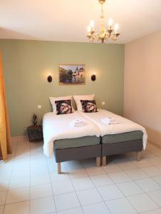1 dormitorio con 1 cama grande y lámpara de araña en Hotel Rêve de la Vallée, en Blesle