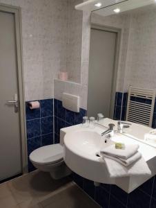 W łazience znajduje się umywalka, toaleta i lustro. w obiekcie Hotel Rêve de la Vallée w mieście Blesle