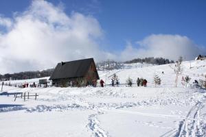 Un groupe de personnes debout autour d'une grange dans la neige dans l'établissement Samostanska kuća, à Fojnica