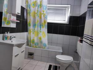 łazienka z toaletą i zasłoną prysznicową w obiekcie Vela-edo w mieście Zavidovići