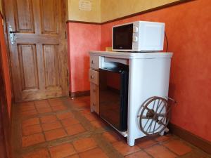 a microwave sitting on top of a stove in a room at Les Mout'Anes in Saint-Hilaire-sur-Helpe