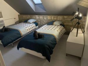 two beds with teddy bears on them in a bedroom at Maison vue panoramique in Saint-Pierre-Aigle