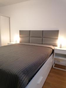 1 dormitorio con 1 cama grande y cabecero grande en Stilvolle Wohnung an der Alten Mainbrücke en Würzburg