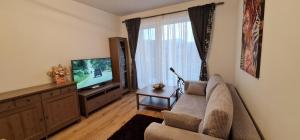 - un salon avec un canapé et une télévision dans l'établissement MV Residence Brasov, à Braşov