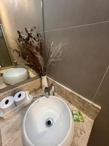 uma casa de banho com um lavatório branco e um WC. em Rogai Hotel Pousada em Aparecida