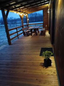 eine Holzterrasse mit Bänken und einer Topfpflanze darauf in der Unterkunft Raj nad Narwią in Zatory