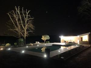 basen z oświetleniem w ogrodzie w nocy w obiekcie Gîte La Fontarelle pour 6 personnes - Clévacances 3 clés w mieście Saint-Caprais-de-Lerm