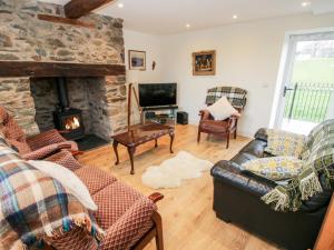 a living room with a couch and a fireplace at Ty Gwyn in Welshpool