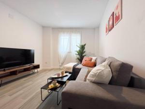 ein Wohnzimmer mit einem Sofa und einem Flachbild-TV in der Unterkunft Apartamentos Gredos 001 in Jaraiz de la Vera