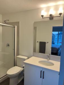 La salle de bains est pourvue de toilettes, d'un lavabo et d'un miroir. dans l'établissement Entire4BedroomHomeKingParkingKitchenWasherDryerFastWiFi, à Calgary