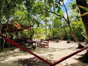 a picnic area with a picnic table and benches at Land of Promise - Reggae Escape in Zanderij