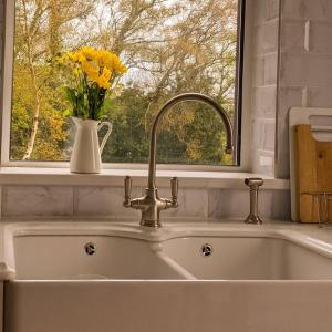 a sink with a vase of yellow flowers in a window at Luxury Waterfront House in Cobh